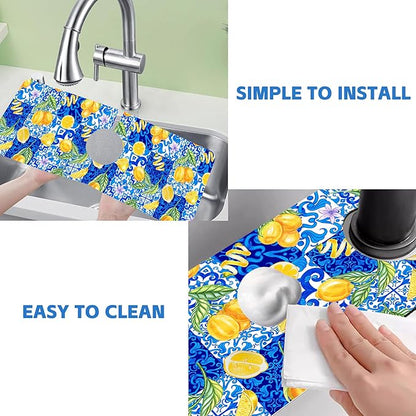 Blue Tiles and Yellow Lemon Sink Faucet Absorbing Mat Sink Splash Guard Faucet