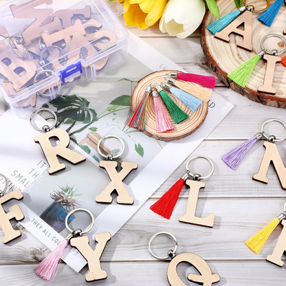 Tondiamo 52 Pcs Personalized Letter Keychain Wood Engraving Blanks Keyring Name Keychain with Tassel Container for DIY Craft