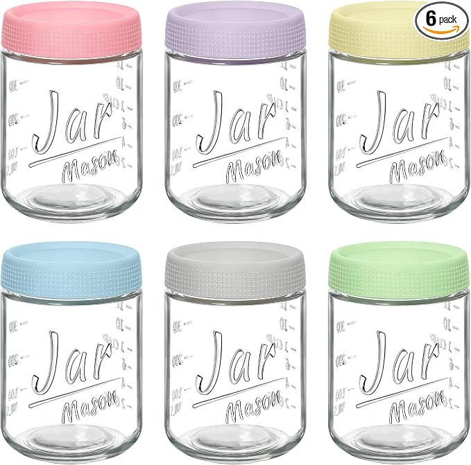 Xyptorix 6-Pack 16oz Overnight Oats Containers with Airtight Lids - Glass Mason Jars with Measurement Marks for Yogurt, Meal Prep & Chia Pudding, Stackable & Leakproof