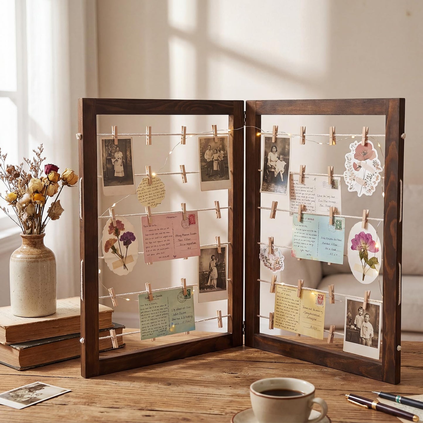 Geelin 36 x 24 Inch Photo Display Board with Clip Farmhouse Picture Display Wooden Rustic Freestanding Picture Collage Frame Wedding Tabletop Decor for Home Dorm (2 Panel,Brown)