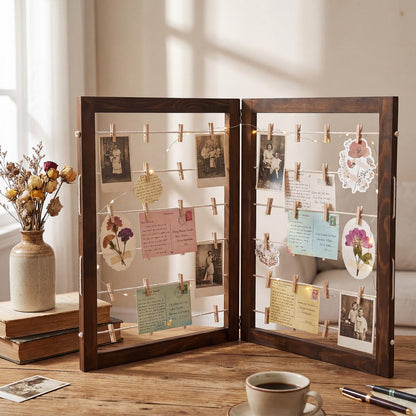 Geelin 36 x 24 Inch Photo Display Board with Clip Farmhouse Picture Display Wooden Rustic Freestanding Picture Collage Frame Wedding Tabletop Decor for Home Dorm (2 Panel,Brown)