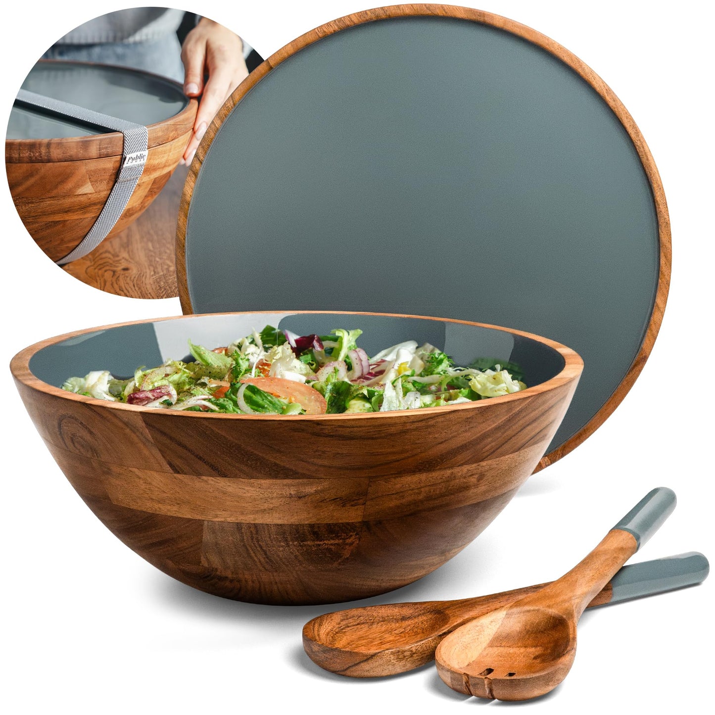 Large Wooden Salad Bowl Set 12.5 Inch with Serving Utensils, Tray Lid and Carry Strap. Acacia Wood Large Salad Bowls Ideal for Fruits and Dishes, Wooden Bowls for Food, Serving and Fruit Bowl