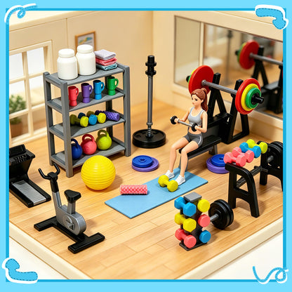 Miniature Gym Equipment Set, Plastic Mini House Fitness Accessories, Miniature Workout Room with Treadmill Exercise Bike Dumbbells for Miniature House Decor Micro Landscape DIY Crafts