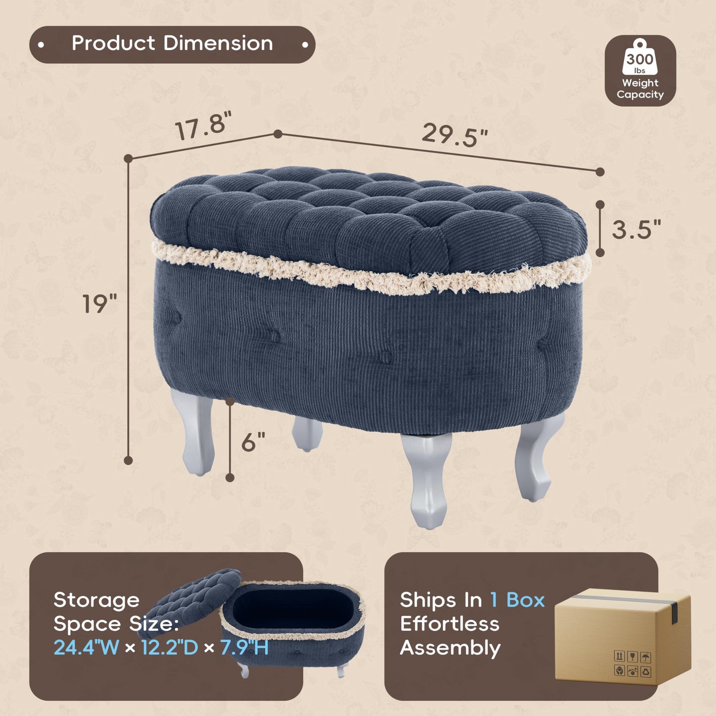 Christopher Knight Home Etele Mid-Century Modern Fabric Upholstered Ottoman with Storage, Wooden Living Room Sofa Ottoman Footrest, Entryway Ottoman Foot Stool, Toy Box Storage for Living Room, Blue