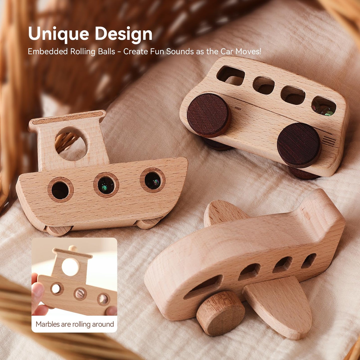 Wooden Cars for Toddlers 1-3, Wooden Vehicles Baby Cars Set with Bus, Airplane and Boat, Montessori Rattle Toys with Rolling Beads, Ideal for Boys and Girls
