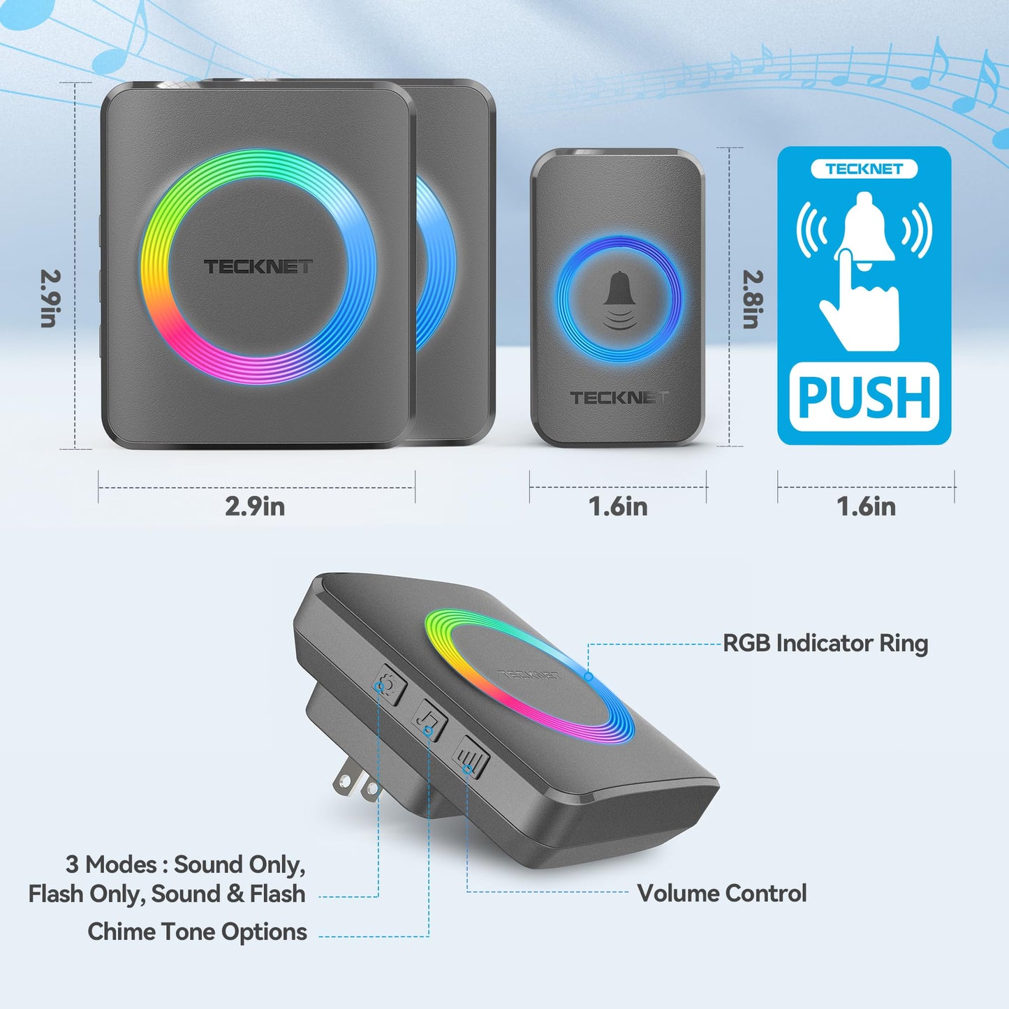 TECKNET Wireless Doorbell, Door Bell 0-120dB, 1300 ft Wireless Range, IP65 Waterproof Classroom Doorbells, 60 Chimes & 5 Volume Levels, RGB Light for Home Kid Room Office Hearing Impaired