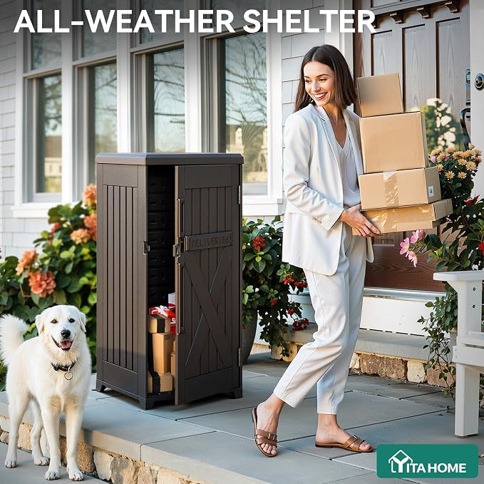 YITAHOME 60 Gallon Large Package Delivery and Storage Box, Double-Wall Resin Outdoor Package Delivery and Waterproof Deck Box for Porch, Curbside, 8.5 Cubic feet, Brown