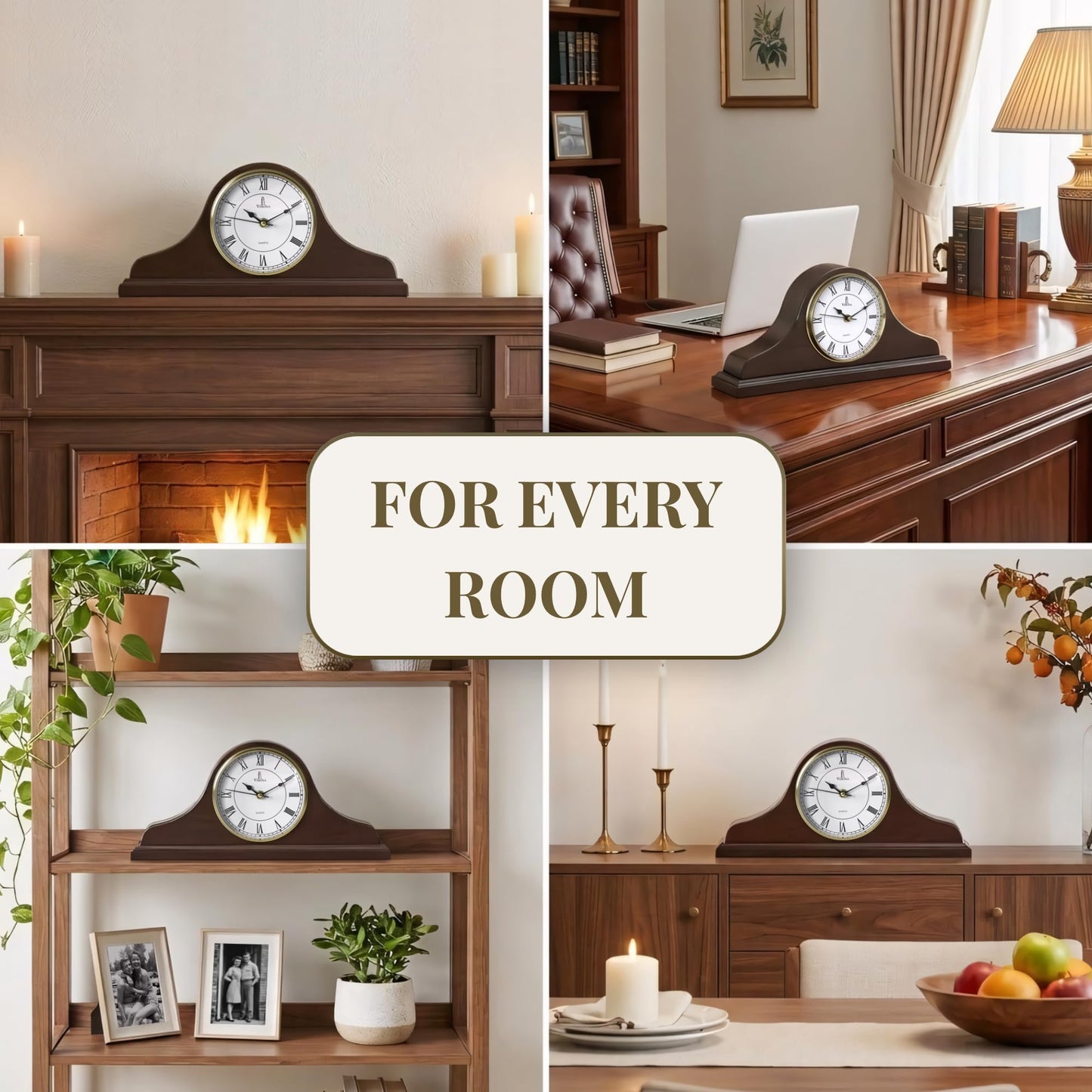 Mantel Clock Battery Operated - Wooden Mantle Clock 15x7.5 - Silent, Non-Chiming, Made of Solid Wood & Easy to Read - for Living Room Decor Above Fireplace, Office, Shelf, Table & Home Décor Gift