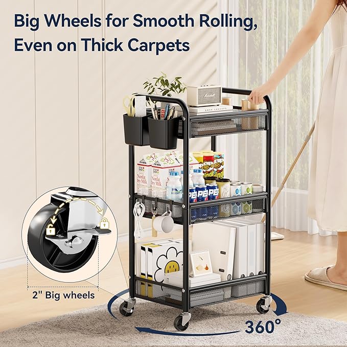 YASONIC 3 Tier Rolling Cart – Metal Utility Storage Carts