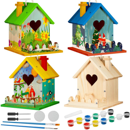 Juexica 4 Pack Wooden Birdhouse Kit DIY Buildable Bird House with Paint and Paintbrushes Art and Crafts Painting Kits for Boys Girls Adults Classroom Projects Gift Birthday Outdoor Craft(Heart)