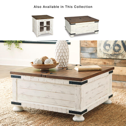 Signature Design by Ashley Wystfield Farmhouse Coffee Table with Storage, Hinged Lift Top, Wood, 36" W x 36" D x 18" H, Distressed White