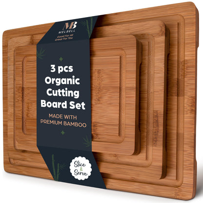 MelBell Bamboo Cutting Board Set Of 3 for Kitchen - Wooden Chopping Boards with Juice Groove - Wood Serving Board for Meat, Vegetables, Cheese