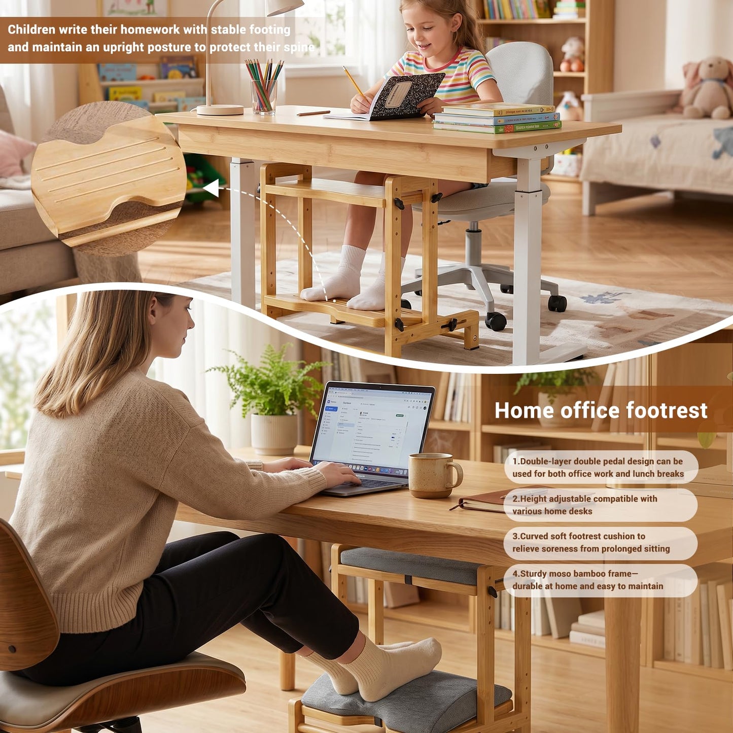 Double Foot Rest Under Desk, Adjustable Wooden Under Desk Footrest with Cushion, Ergonomic Foot Stools for Office, Gaming & Study, Relieve Leg Hip & Back Pressure, Improve Circulation