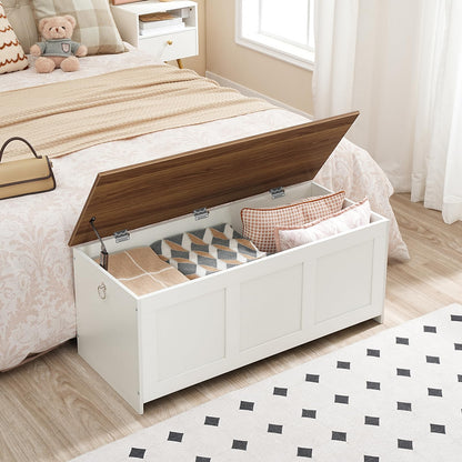 HOOBRO Storage Bench, 39.3" Retro Wooden Storage Chest, Wooden Storage Trunk, Toy Chest with Lift Top, Multifunctional Entryway Organizer, for Entryway, Living Room, White and Walnut WH141CW01G1