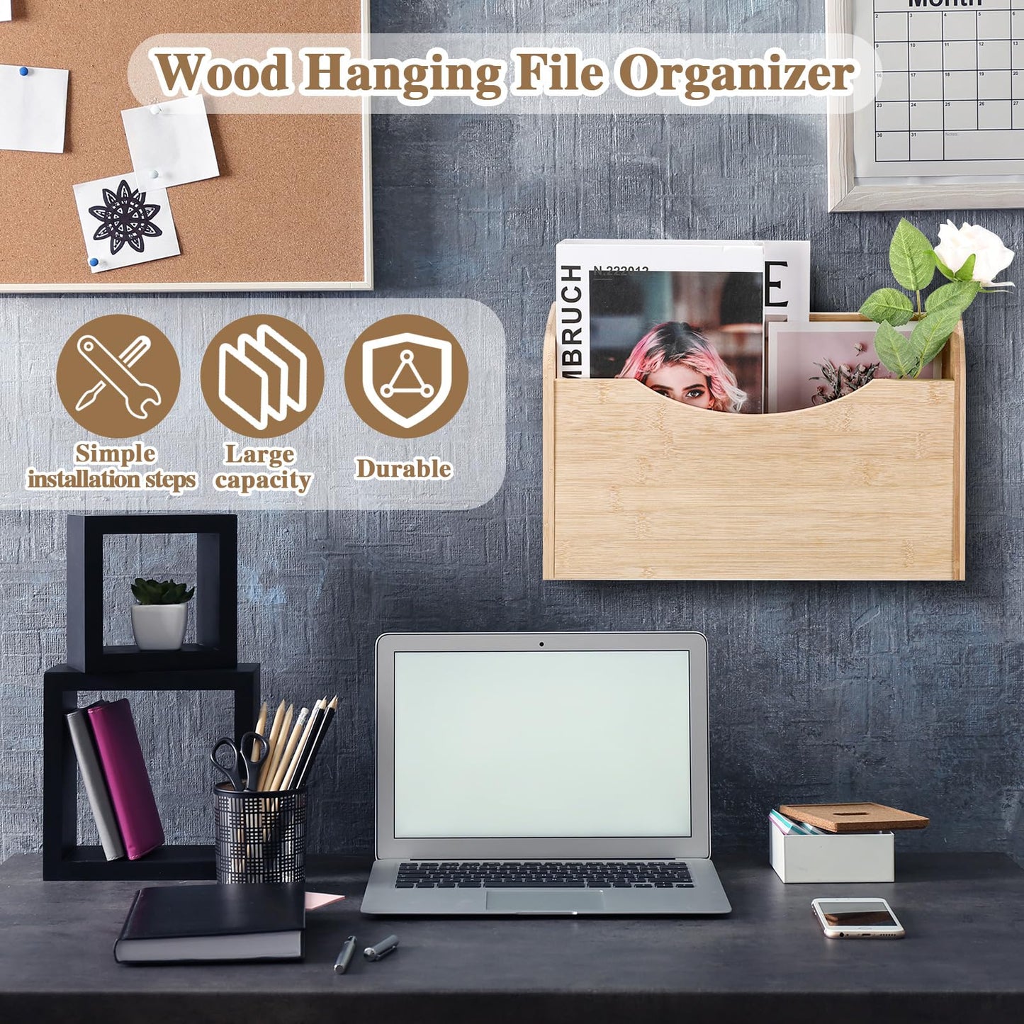 Suzile Wall Mounted File Holder Wood Magazine Holder Wall Hanging File Organizer for Office Mail Magazine Letter Paper Folder Organization (Wood Color)