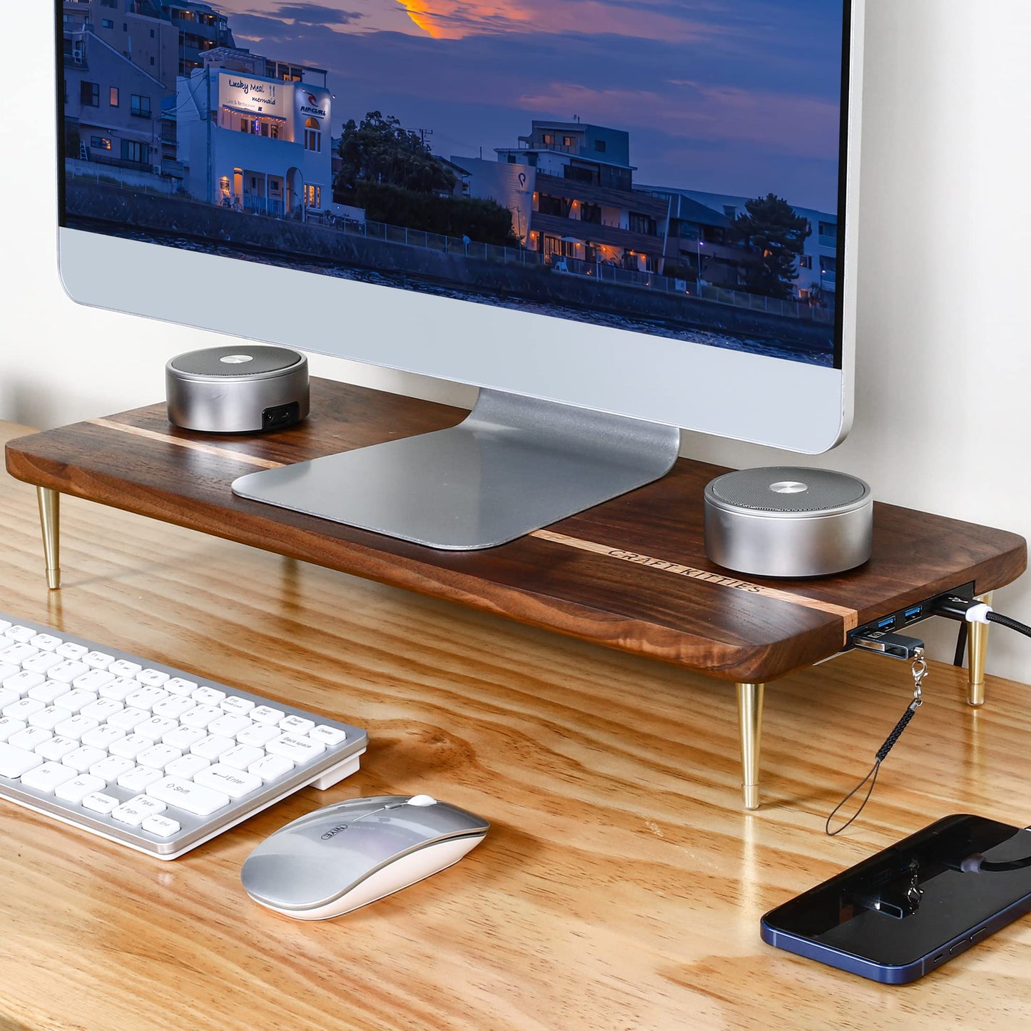 CRAFT KITTIES Monitor Stand Wood Riser with 4 USB Ports, Computer Monitor Stand with America Walnut Data Transfer Charging Hub -Compatible with Computer, Mac, PCs, Smartphone, 20.5*8.3in