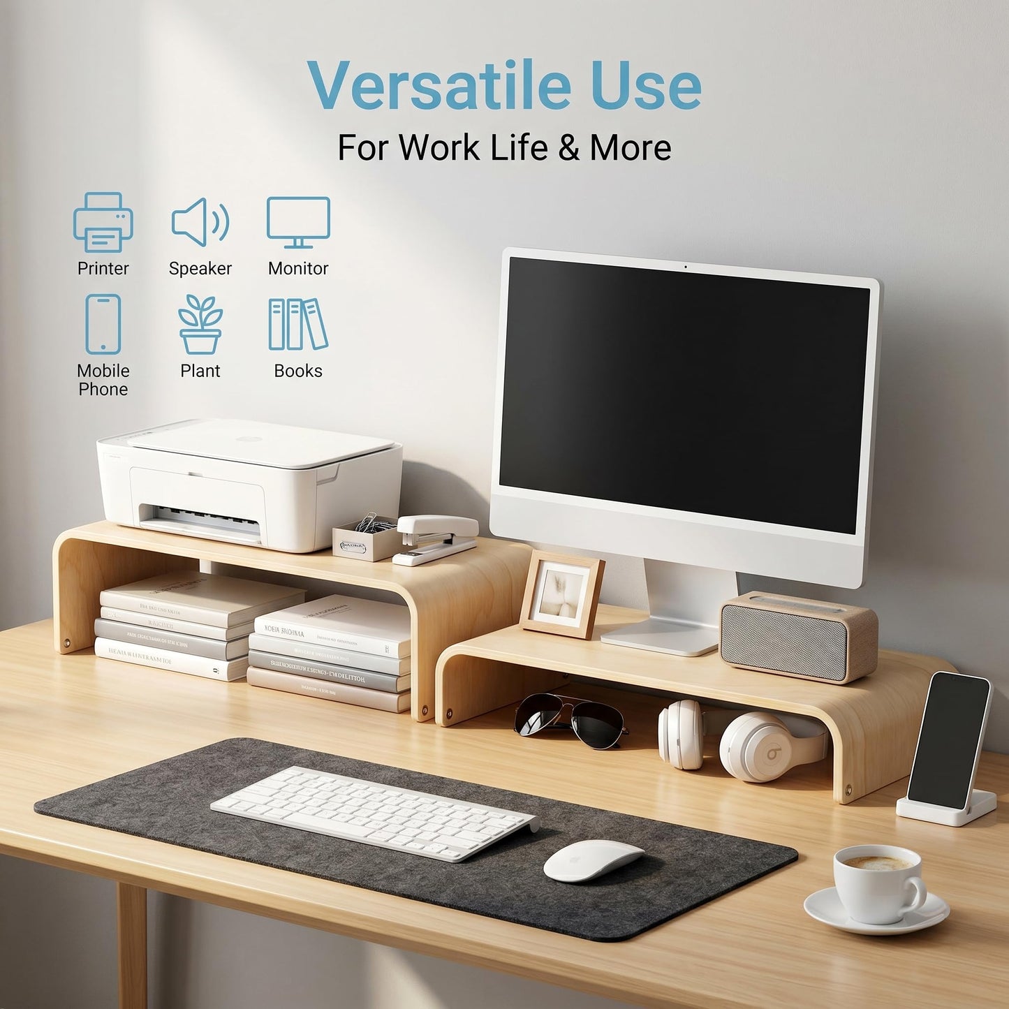 APRTAT Wood Monitor Stand Riser, Solid Woodon Dual Monitor Riser with Storage, 2-Tier Natural Monitor Riser with Storage, Computer Stand Keyboard Organizer