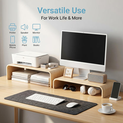 APRTAT Wood Monitor Stand Riser, Solid Woodon Dual Monitor Riser with Storage, 2-Tier Natural Monitor Riser with Storage, Computer Stand Keyboard Organizer