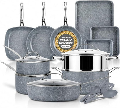 Granitestone Ceraluxe 20 Pc Ceramic Cookware Set Nonstick, Complete Pots and Pans Set Non Stick for Kitchen with Bakeware, Utensils & Steamer, Non Toxic Made Without PFOA PFOS, Oven & Dishwasher Safe