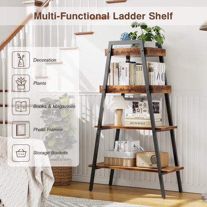 VECELO Book Shelf, 4 Tier Wooden Ladder Bookcase with Metal Frame, Enclosed Edges Combined with Open Display, Decorative and Plant Stand for Living Room/Farmhouse/Bedroom/Home Office-Brown