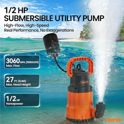 Cleartide Submersible Water Sump Pump with Float Switch, 1/2 HP 3060 GPH High Flow, Ideal for Yard and Flooded Cellar, Hot Tub, Garden Irrigation, Debris-Handling up to 3/8", 10 FT Cord