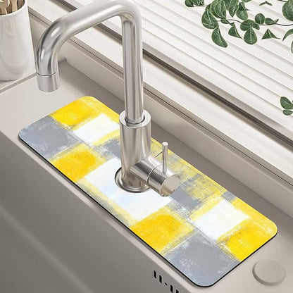 Grey and Yellow Abstract Kitchen Sink Splash Guard Mat Absorbent Fast Drying