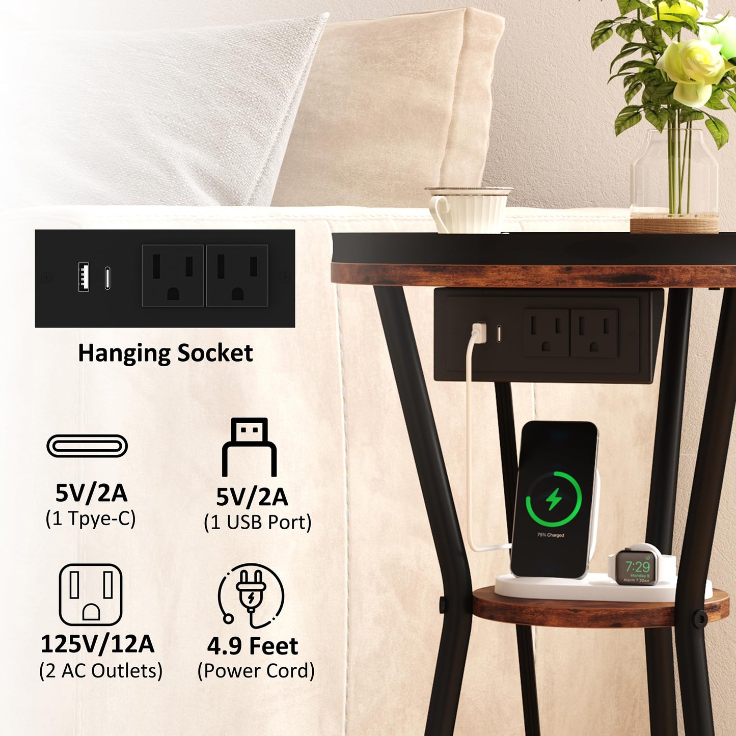 Yusong Round Side Table with Charging Station, Small Drink Table for Small Spaces, 3-Tier Industrial End Table, Accent Nightstand Bedside Table for Living Room, Bedroom, Sofa Couch, Rustic Brown