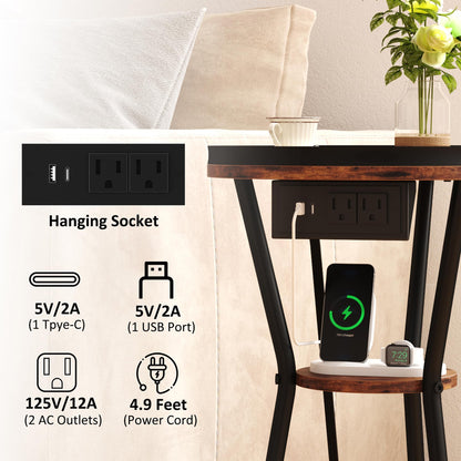 Yusong Round Side Table with Charging Station, Small Drink Table for Small Spaces, 3-Tier Industrial End Table, Accent Nightstand Bedside Table for Living Room, Bedroom, Sofa Couch, Rustic Brown