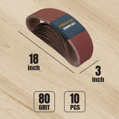 POWERTEC 3 x 18 Inch Sanding Belts, 80 Grit Aluminum Oxide Belt Sander Sanding Belt for Portable Belt Sander, Wood & Paint Sanding, Metal Polishing, 10PK (110810)