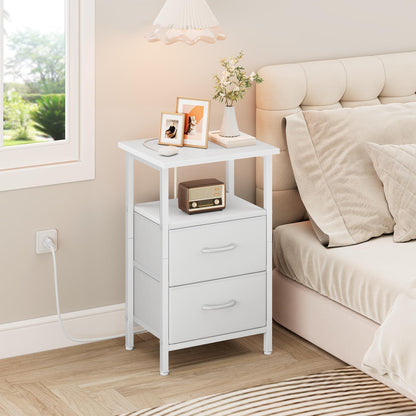 Vagusicc Nightstand Set 2 with Charging Station, End Table with Fabric Drawers, Bedside Table with Open Wood Shelf, 24.2" Tall Side Table with USB Ports & Outlets, Night Stand for Bedroom, White
