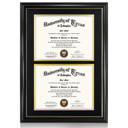 GraduationMall Double 8.5x11 Diploma Frame,Solid Wood & Tempered Glass,Black Finish with Gold Trim,Black & Gold Mat