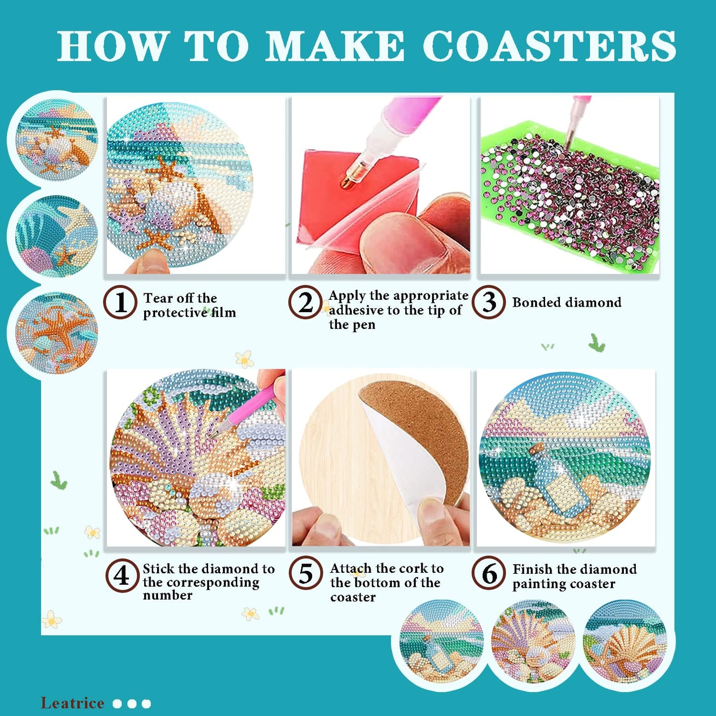 Leatrice Ocean Diamond Art Coasters Set of 6, Small Diamond Painting Kits for Adults Beginners Women, Gem Art Coasters with Holder, Funny Arts Supplies for Kitchen Decor