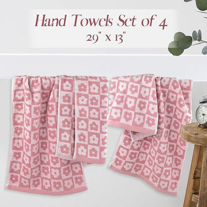 Jacquotha Cotton Hand Towels Pink Checkered Floral