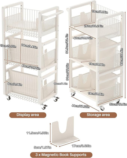 UMDONX Heavy-Duty Double-Sided Book Cart with Silent Wheels and 3 Magnetic Book Shelves, Rolling Book Shelf, Library Book Cart, Suitable for Home, Office, or School （White）