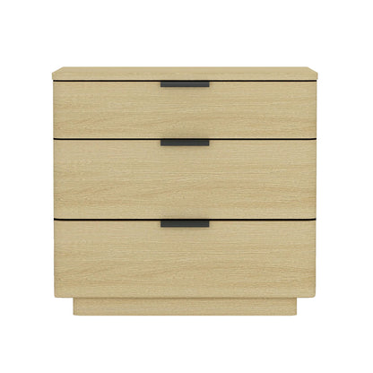 Manhattan Comfort Payton Modern 3-Drawer Nightstand with Raised Base and Rounded Corners, Boho End Table, Scandinavian Nightstand for Bedroom, or Living Room in Natural Oak Finish with Black Handles