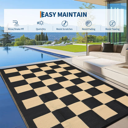 8 * 10ft Checkerboard Outdoor Rug, Reversible Woven Plastic Straw Patio Mat, Portable Floor Mat, Checkered Camping Carpet with Corner Loops for RV, Deck, Picnic, Balcony, Black & Brown