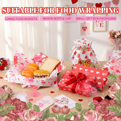 Ireer 300 Pcs Red Heart Wax Paper Sheets Parchment for Food Deli Paper 12x12 Inch Waterproof 6 Style Heart Valentine Mom Teacher Gift Wrapping Picnic Basket Liners Greaseproof Wrapping Wedding Party