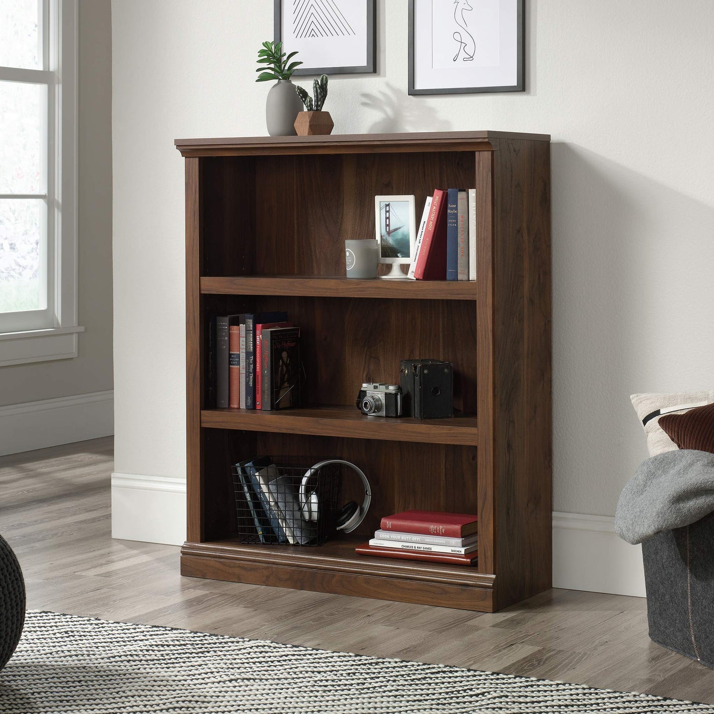 Sauder 3 Tier Book Shelf Wooden Bookcase Multipurpose Bookshelf for Home Office, Living Room, in Grand Walnut