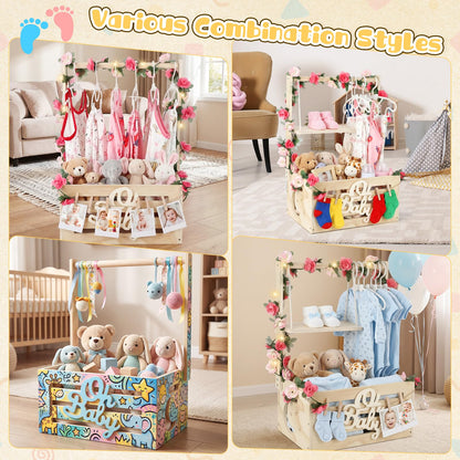 Wooden Baby Shower Crate Closet, Personalized Baby Gift Basket with Adjustable Handle, Include String Lights, Garland, 6 Hangers & 6 Clips - Unique Newborn Gift for Boys & Girls, Baptism,Birthday