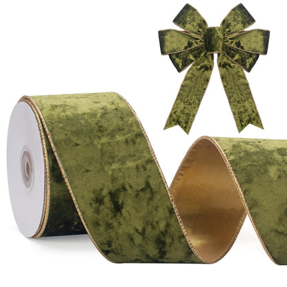 GHGMAO Olive Green Velvet Wired Ribbon, 2.5 Inch Crushed Velvet Ribbons with Gold Edge, Christmas Wired Ribbon for Gift Wrapping, Christmas Tree Decor, Wreath Supplies, Crafts Bow Making, 10 Yards