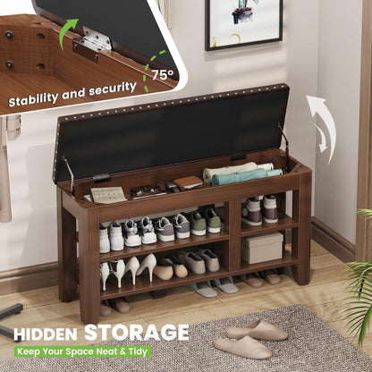 Shoe Bench for Entryway, Solid Rubberwood Shoe Bench with Hidden Storage, Adjustable 2-Tier Shelves & Soft PU Leather Seat, Shoe Rack Durable Easy Assembly for Hallway or Bedroom - Brown, 39.4"