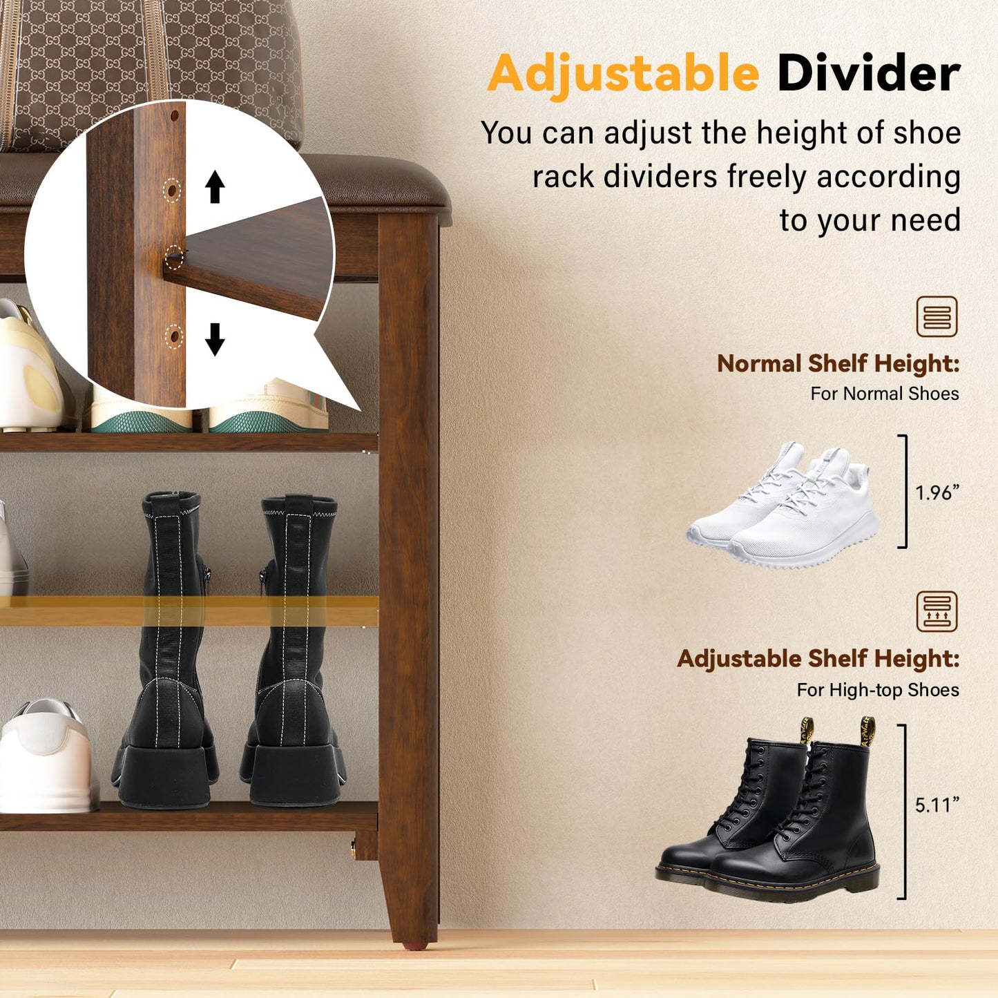 Taitiy Entryway Shoe Storage Bench with Leather Cushion + Solid Wood Clothes Rack with 2 Shelves