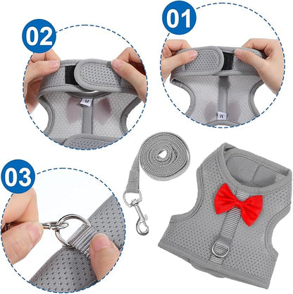 Rabbit Harness and Leash Set,Bunny Leash for Walking Escape Proof,Bunny Clothes with Cute Bow Mesh Breathable Adjustable Vest Rabbit Harness Camping Hiking Training for Ferret Kitten Puppy (Grey M)