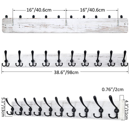 SKOLOO Coat Rack Wall Mounted - 38.3'' Long, Wooden, Heavy Duty, Rustic Coat Hooks for Wall, Wall Coat Rack with 10 Triple Hooks for Hanging Clothes, Jacket, Hat(Weathered White)