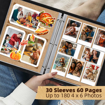 Vienrose 13x11 Inch 3 Ring DIY Scrapbook Album Gift Set, Faux Leather Cover Blank Scrapbooks Photobook with 30 Plastic Sleeves 60 Kraft Pages for Valentine Gift Wedding Family Anniversary DarkBrown