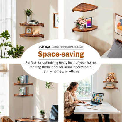 Demigo Floating Round Corner Shelves for Wall 2pcs - Acacia Wood Wall-Mounted Storage Shelves for Home Decor, Space Saving Displays for Living Room, Kitchen, Office, and Bedroom (Natural Brown)