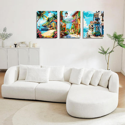6 Pack DIY Paint by Number Kit for Adults - Mediterranean Coastal Scenery Oil Painting Set, 12x16 Inch Canvas (No Frame), 18 Vivid Acrylic Paints - Stress Relief Art Craft for Home Decor & Gifts