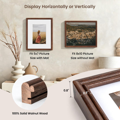 8x10 Picture Frame Set of 3, Natural Solid Walnut Wood Picture Frame with High Tempered Glass, Handcrafted Rounded Corner 8 by 10 Wooden Frame Matted to 5x7 Photo for Wall & Tabletop Display