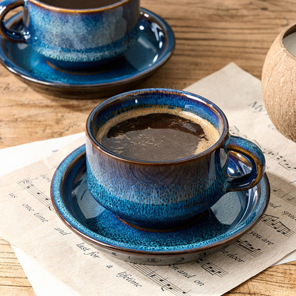 JIEMEI HOME Porcelain Stackable Cappuccino Cups with Saucers and Metal Stand, 7 Ounce Espresso Cups for Latte Coffee Cafe, Specialty Coffee Drinks, Cappuccino and Tea - Set of 4, Midnight Tide