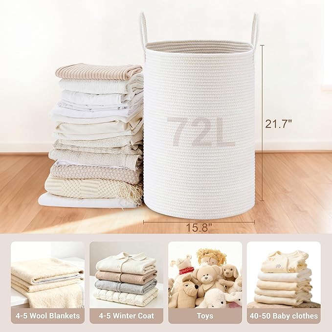 Tall Laundry Basket with Handles, 72L Portable Dirty Clothes Hamper, Boho